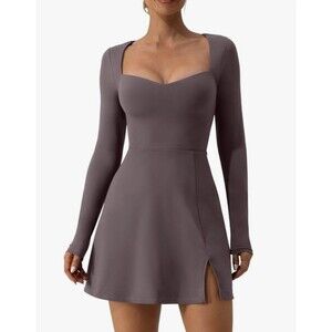 New  QINSEN Women's Sweettheart Neckline Long Sleeve Dress Side Slit Medium